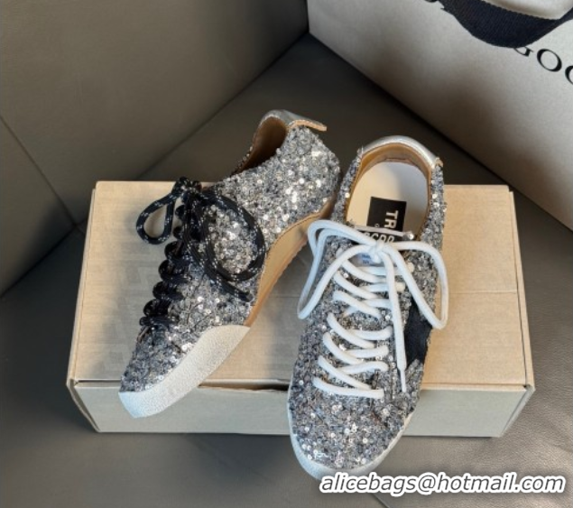 Top Grade Golden Goose Women's True-Star in silver sequins with black star and silver leather heel tab 0711017