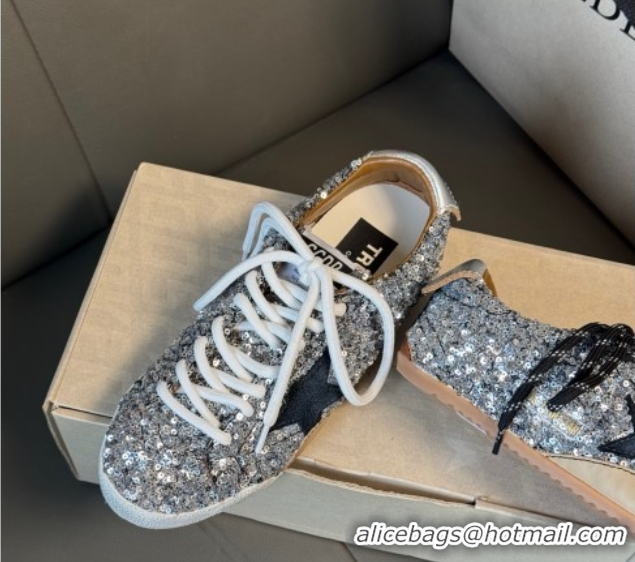 Top Grade Golden Goose Women's True-Star in silver sequins with black star and silver leather heel tab 0711017