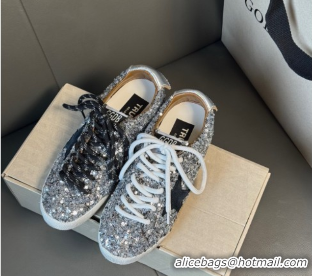 Top Grade Golden Goose Women's True-Star in silver sequins with black star and silver leather heel tab 0711017
