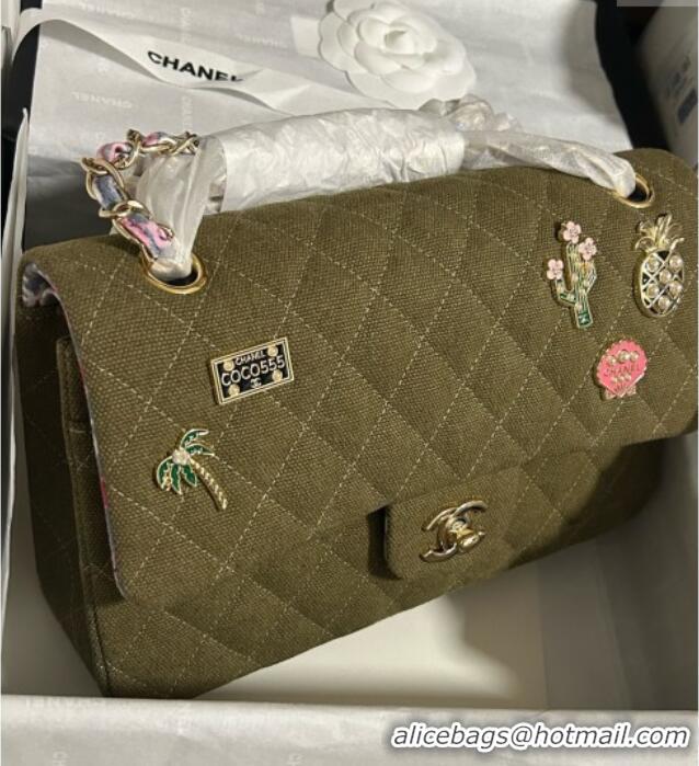 Famous Brand Chanel Quilted Canvas Classic Medium Flap Bag with Charm A01112 Green 2025