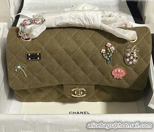 Famous Brand Chanel Quilted Canvas Classic Medium Flap Bag with Charm A01112 Green 2025
