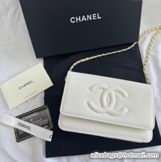 Best Quality Chanel Grained Shiny Calfskin Wallet On Chain WOC with Maxi CC AP6809 White 2025
