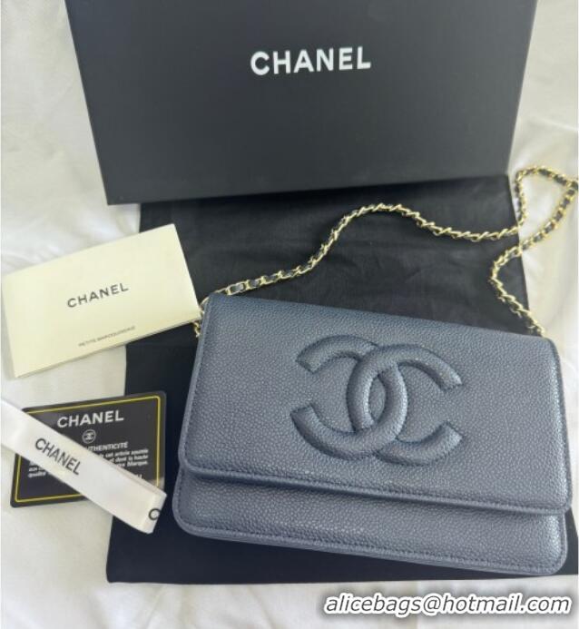 Best Price Chanel Grained Shiny Calfskin Wallet On Chain WOC with Maxi CC AP6809 Blue 2025