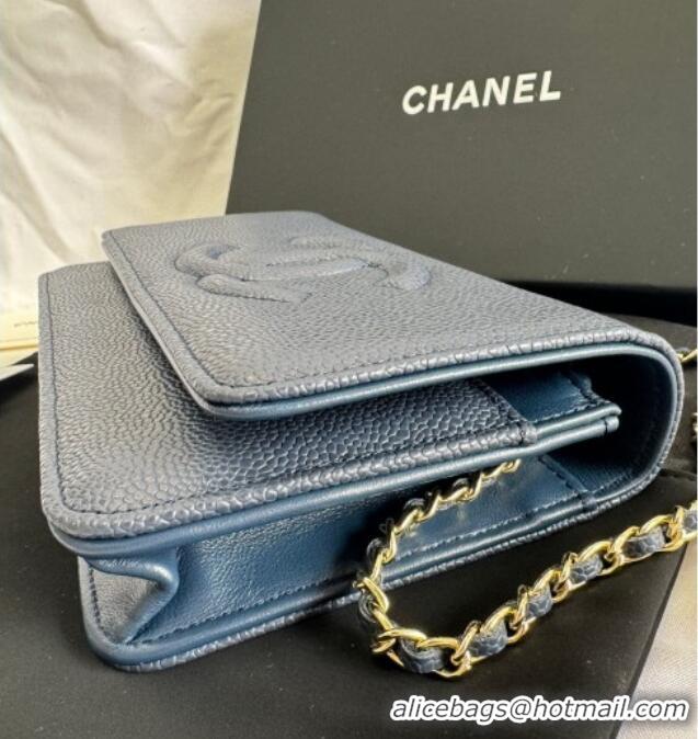 Best Price Chanel Grained Shiny Calfskin Wallet On Chain WOC with Maxi CC AP6809 Blue 2025