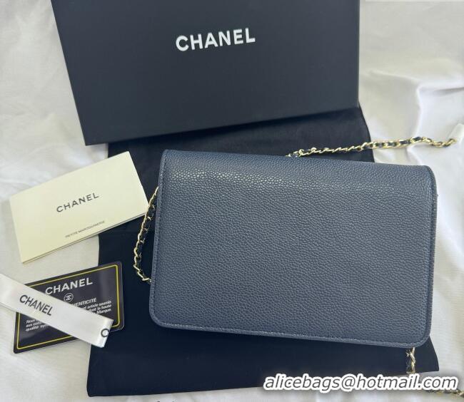 Best Price Chanel Grained Shiny Calfskin Wallet On Chain WOC with Maxi CC AP6809 Blue 2025