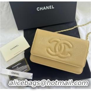 Top Quality Chanel Grained Shiny Calfskin Wallet On Chain WOC with Maxi CC AP6809 Beige Yellow 2025