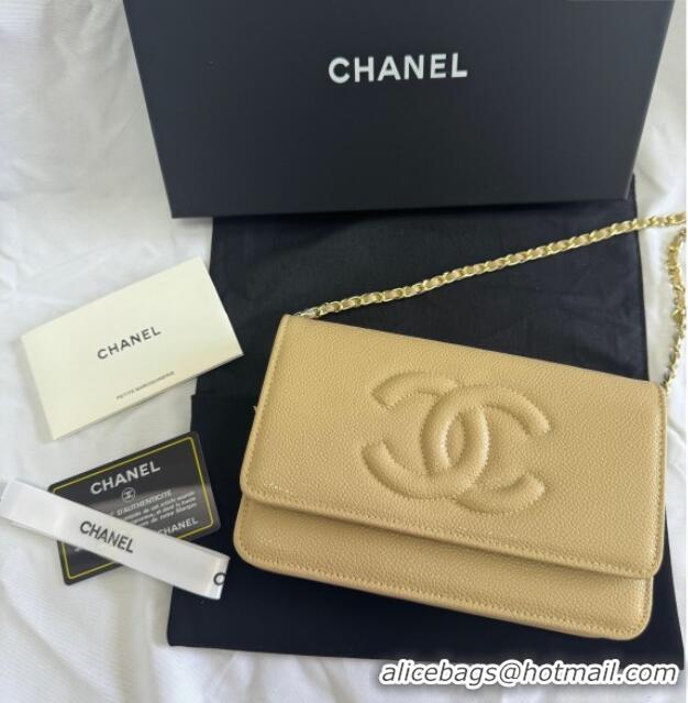 Top Quality Chanel Grained Shiny Calfskin Wallet On Chain WOC with Maxi CC AP6809 Beige Yellow 2025