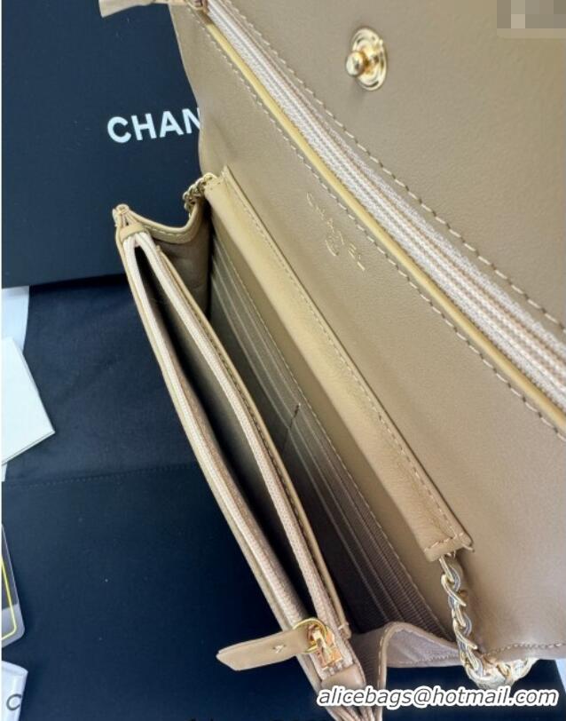 Top Quality Chanel Grained Shiny Calfskin Wallet On Chain WOC with Maxi CC AP6809 Beige Yellow 2025