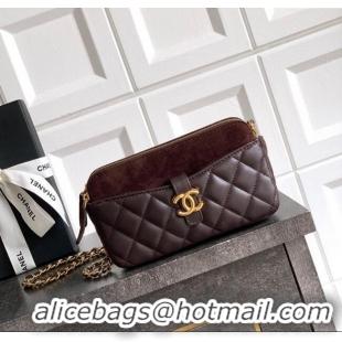 Famous Brand Chanel Suede & Shiny Lambskin Zipped Phone Holder with Chain AP4743 Coffee Brown 2025