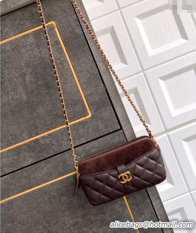 Famous Brand Chanel Suede & Shiny Lambskin Zipped Phone Holder with Chain AP4743 Coffee Brown 2025