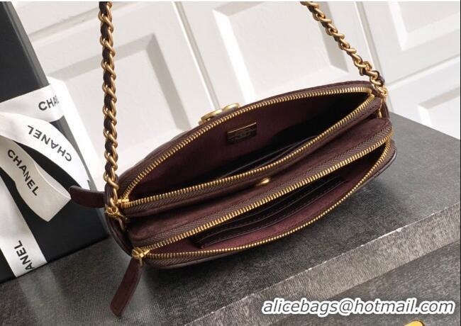 Famous Brand Chanel Suede & Shiny Lambskin Zipped Phone Holder with Chain AP4743 Coffee Brown 2025