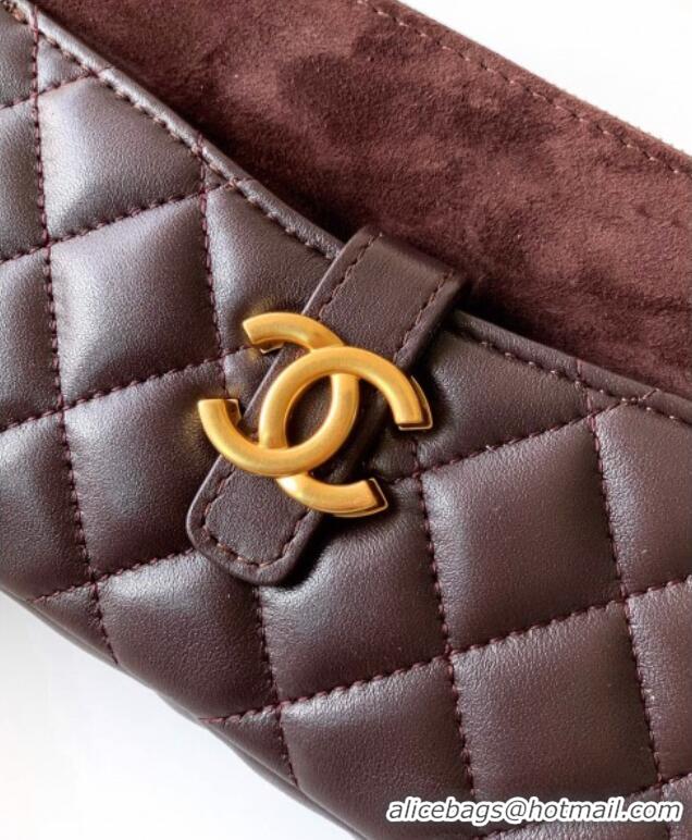 Famous Brand Chanel Suede & Shiny Lambskin Zipped Phone Holder with Chain AP4743 Coffee Brown 2025
