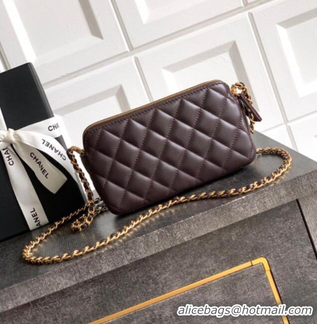 Famous Brand Chanel Suede & Shiny Lambskin Zipped Phone Holder with Chain AP4743 Coffee Brown 2025