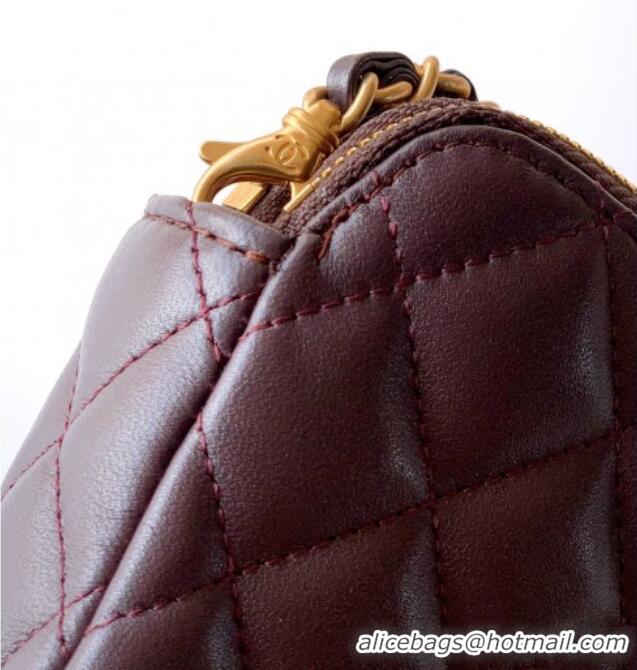 Famous Brand Chanel Suede & Shiny Lambskin Zipped Phone Holder with Chain AP4743 Coffee Brown 2025
