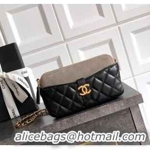 Inexpensive Chanel Suede & Shiny Lambskin Zipped Phone Holder with Chain AP4743 Black/Grey 2025