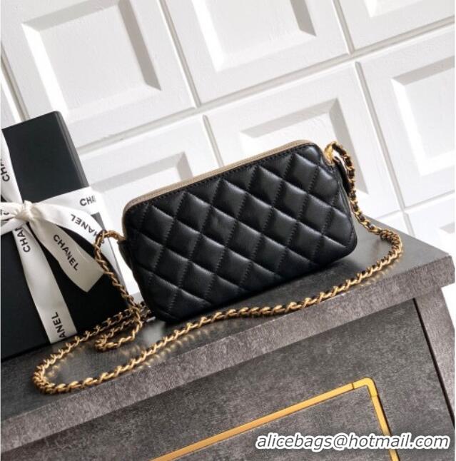 Inexpensive Chanel Suede & Shiny Lambskin Zipped Phone Holder with Chain AP4743 Black/Grey 2025