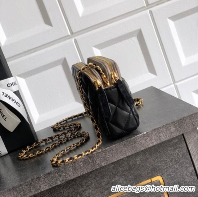 Inexpensive Chanel Suede & Shiny Lambskin Zipped Phone Holder with Chain AP4743 Black/Grey 2025