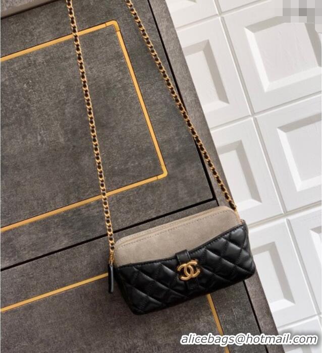 Inexpensive Chanel Suede & Shiny Lambskin Zipped Phone Holder with Chain AP4743 Black/Grey 2025