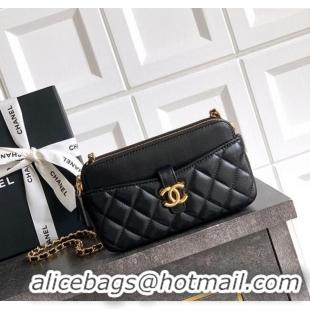 Well Crafted Chanel Calfskin & Shiny Lambskin Zipped Phone Holder with Chain AP4743 Black 2025
