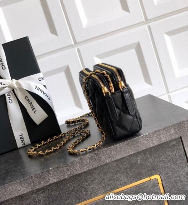 Well Crafted Chanel Calfskin & Shiny Lambskin Zipped Phone Holder with Chain AP4743 Black 2025