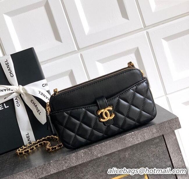 Well Crafted Chanel Calfskin & Shiny Lambskin Zipped Phone Holder with Chain AP4743 Black 2025