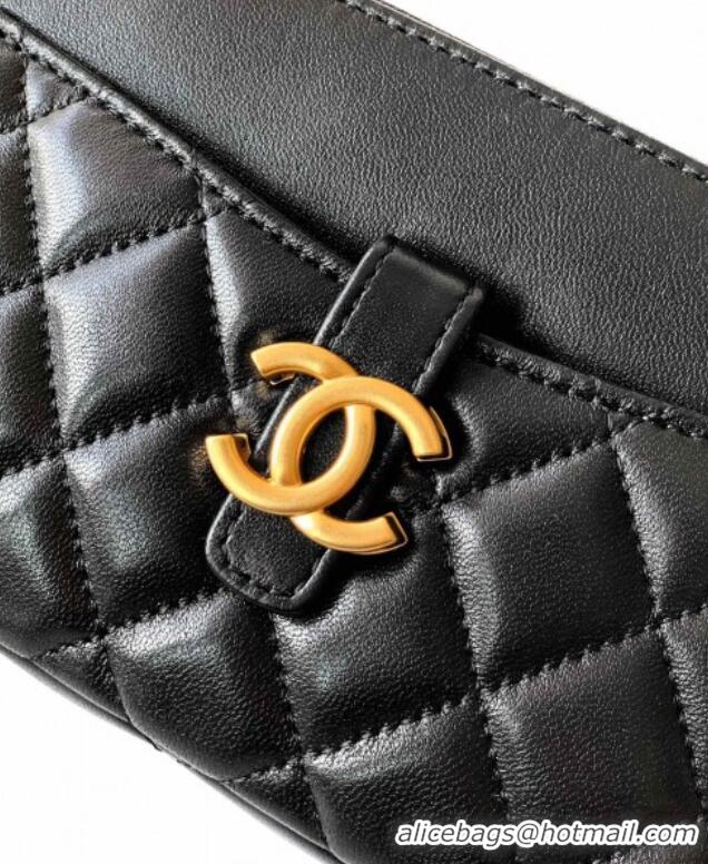 Well Crafted Chanel Calfskin & Shiny Lambskin Zipped Phone Holder with Chain AP4743 Black 2025