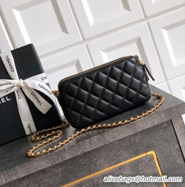 Well Crafted Chanel Calfskin & Shiny Lambskin Zipped Phone Holder with Chain AP4743 Black 2025