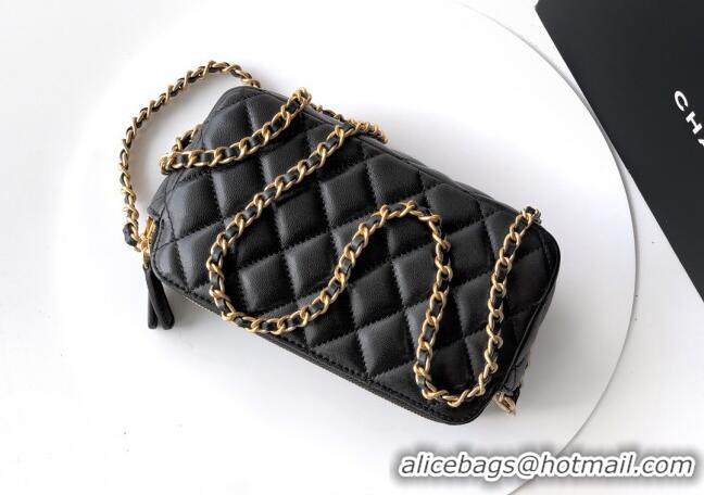 Well Crafted Chanel Calfskin & Shiny Lambskin Zipped Phone Holder with Chain AP4743 Black 2025