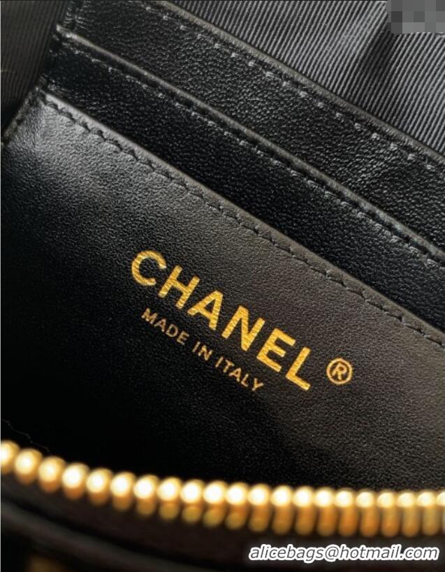 Well Crafted Chanel Calfskin & Shiny Lambskin Zipped Phone Holder with Chain AP4743 Black 2025