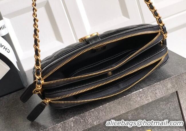 Well Crafted Chanel Calfskin & Shiny Lambskin Zipped Phone Holder with Chain AP4743 Black 2025