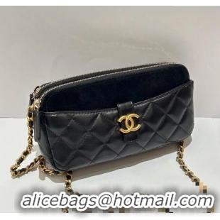 Good Taste Chanel Suede & Shiny Lambskin Zipped Phone Holder with Chain AP4743 Black 2025