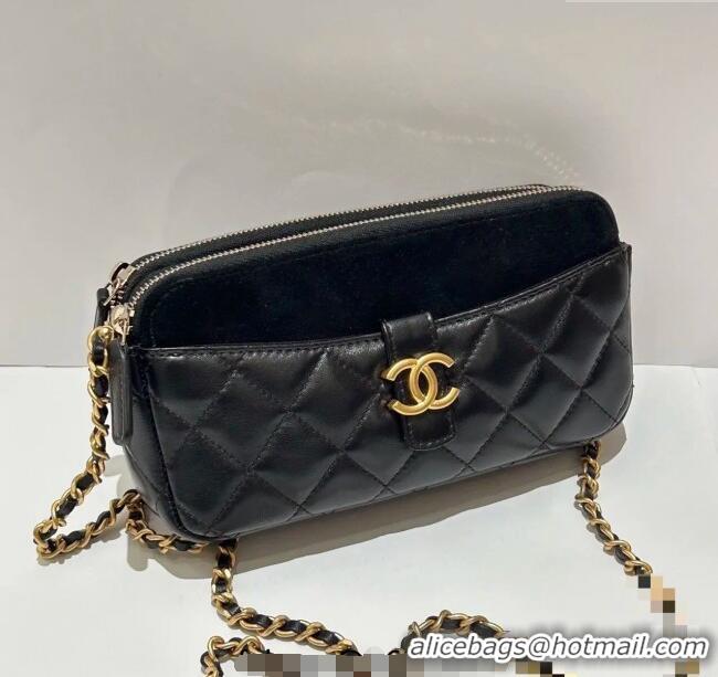 Good Taste Chanel Suede & Shiny Lambskin Zipped Phone Holder with Chain AP4743 Black 2025
