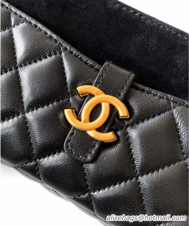 Good Taste Chanel Suede & Shiny Lambskin Zipped Phone Holder with Chain AP4743 Black 2025