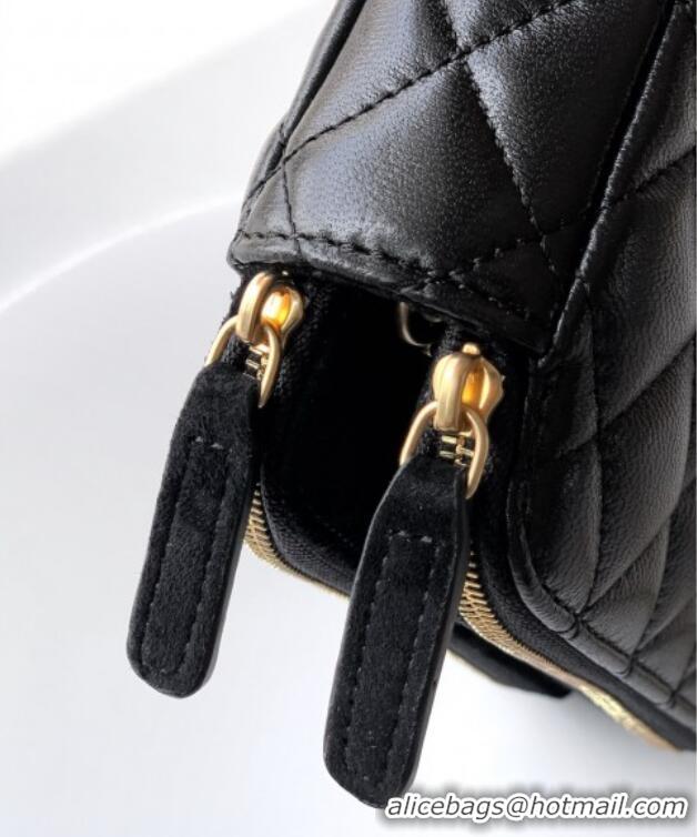 Good Taste Chanel Suede & Shiny Lambskin Zipped Phone Holder with Chain AP4743 Black 2025