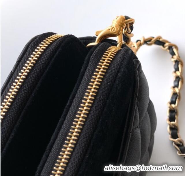 Good Taste Chanel Suede & Shiny Lambskin Zipped Phone Holder with Chain AP4743 Black 2025