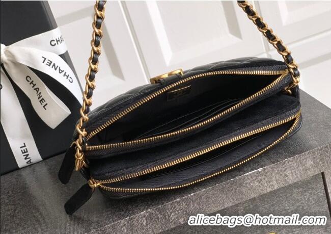 Good Taste Chanel Suede & Shiny Lambskin Zipped Phone Holder with Chain AP4743 Black 2025