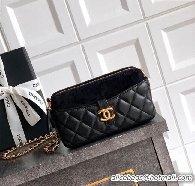 Good Taste Chanel Suede & Shiny Lambskin Zipped Phone Holder with Chain AP4743 Black 2025