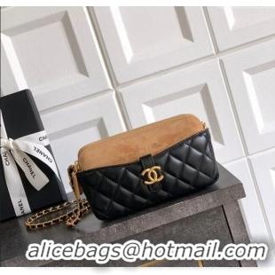Good Looking Chanel Suede & Shiny Lambskin Zipped Phone Holder with Chain AP4743 Black/Beige 2025