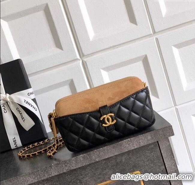 Good Looking Chanel Suede & Shiny Lambskin Zipped Phone Holder with Chain AP4743 Black/Beige 2025