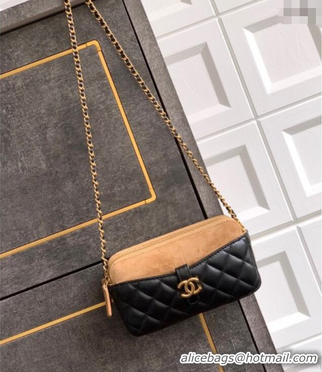 Good Looking Chanel Suede & Shiny Lambskin Zipped Phone Holder with Chain AP4743 Black/Beige 2025