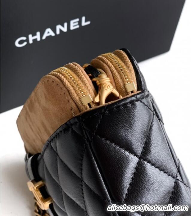 Good Looking Chanel Suede & Shiny Lambskin Zipped Phone Holder with Chain AP4743 Black/Beige 2025