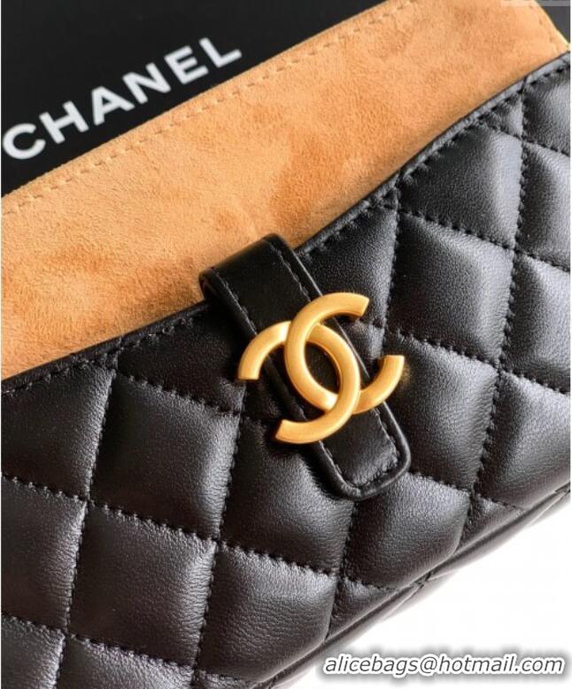 Good Looking Chanel Suede & Shiny Lambskin Zipped Phone Holder with Chain AP4743 Black/Beige 2025
