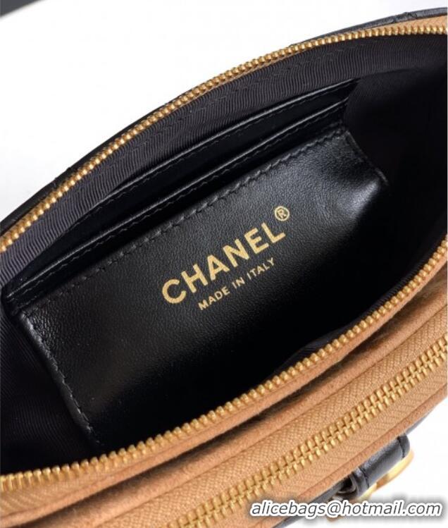 Good Looking Chanel Suede & Shiny Lambskin Zipped Phone Holder with Chain AP4743 Black/Beige 2025