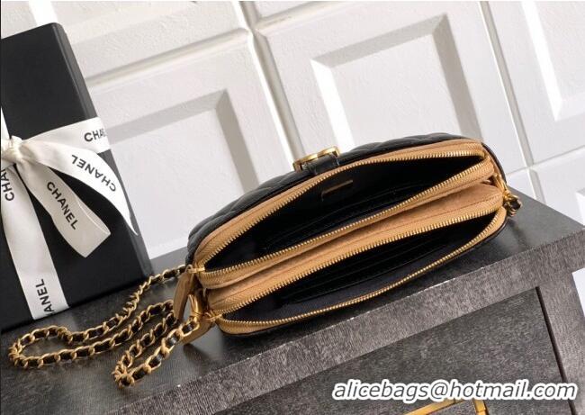 Good Looking Chanel Suede & Shiny Lambskin Zipped Phone Holder with Chain AP4743 Black/Beige 2025