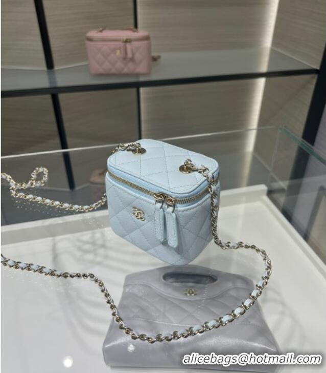 Top Grade Chanel Grained Shiny Calfskin Classic Small Vanity with Chain AP1340 Light Blue 2025
