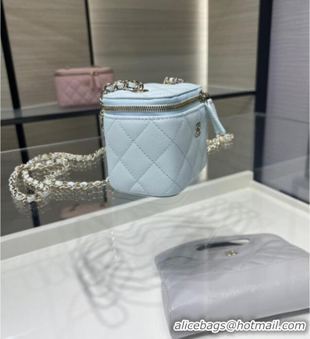 Top Grade Chanel Grained Shiny Calfskin Classic Small Vanity with Chain AP1340 Light Blue 2025