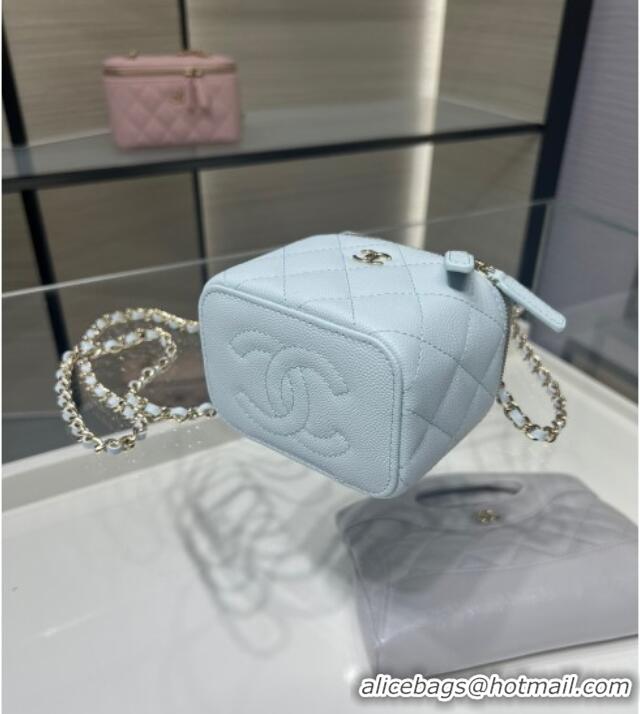 Top Grade Chanel Grained Shiny Calfskin Classic Small Vanity with Chain AP1340 Light Blue 2025