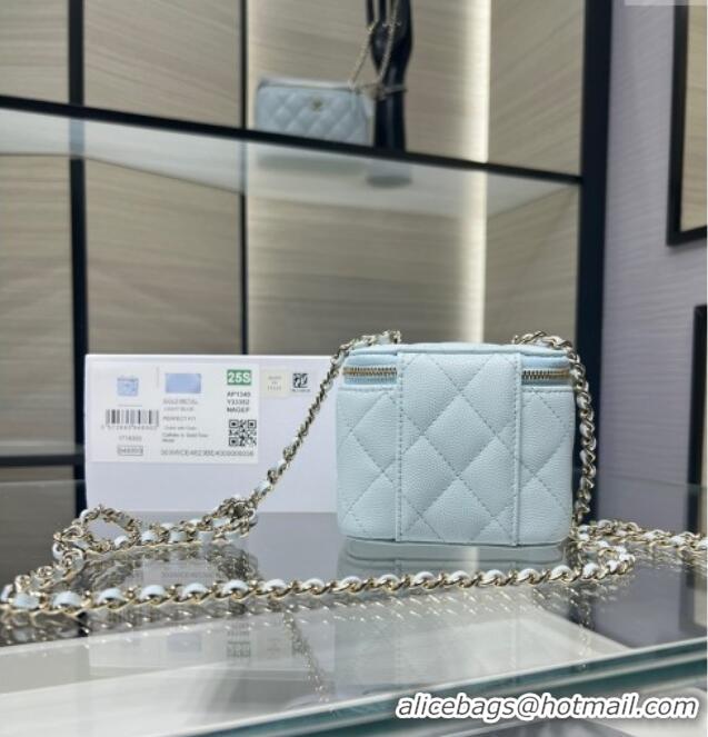 Top Grade Chanel Grained Shiny Calfskin Classic Small Vanity with Chain AP1340 Light Blue 2025