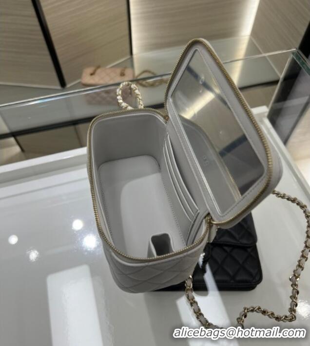 Pretty Style Chanel Grained Shiny Calfskin Classic Large Vanity with Chain AP1341 Grey 2025