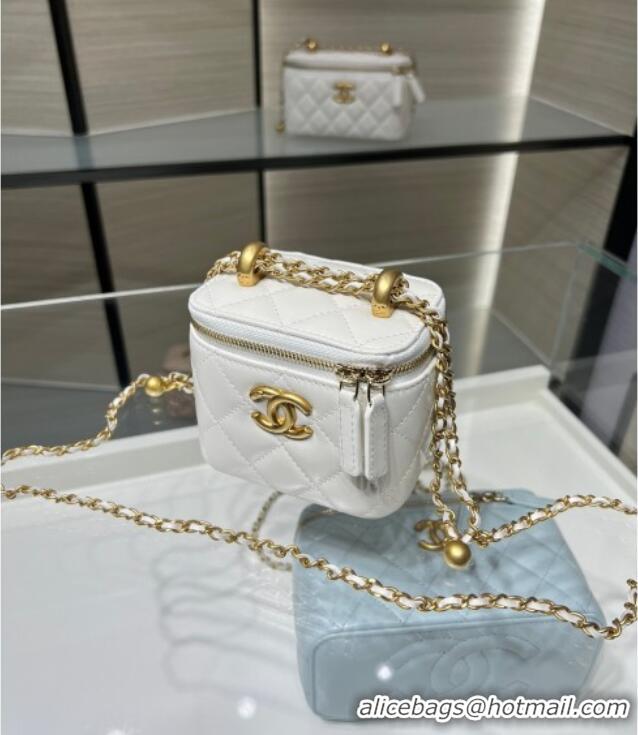 Best Grade Chanel Shiny Calfskin Small Vanity with Ball Chain AP2292 White 2025